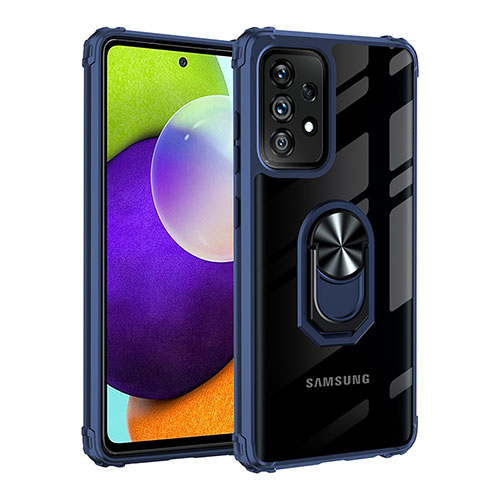 Silicone Matte Finish and Plastic Back Cover Case with Magnetic Finger Ring Stand MQ2 for Samsung Galaxy A52s 5G Blue