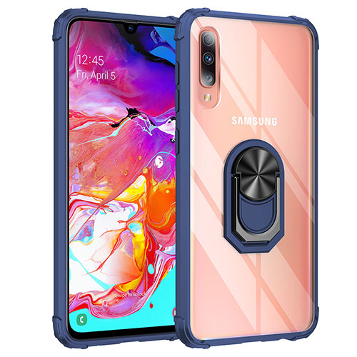 Silicone Matte Finish and Plastic Back Cover Case with Magnetic Finger Ring Stand MQ2 for Samsung Galaxy A70S Blue