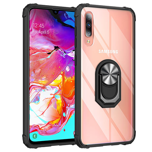 Silicone Matte Finish and Plastic Back Cover Case with Magnetic Finger Ring Stand MQ2 for Samsung Galaxy A70S Silver and Black
