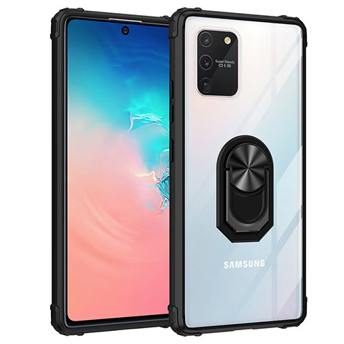 Silicone Matte Finish and Plastic Back Cover Case with Magnetic Finger Ring Stand MQ2 for Samsung Galaxy A91 Black