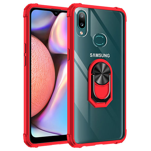 Silicone Matte Finish and Plastic Back Cover Case with Magnetic Finger Ring Stand MQ2 for Samsung Galaxy M01s Red