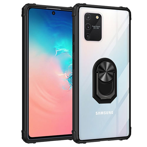 Silicone Matte Finish and Plastic Back Cover Case with Magnetic Finger Ring Stand MQ2 for Samsung Galaxy S10 Lite Black