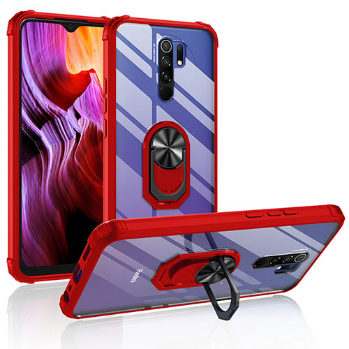 Silicone Matte Finish and Plastic Back Cover Case with Magnetic Finger Ring Stand MQ2 for Xiaomi Poco M2 Red