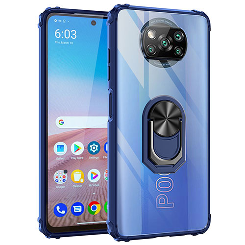 Silicone Matte Finish and Plastic Back Cover Case with Magnetic Finger Ring Stand MQ2 for Xiaomi Poco X3 Pro Blue