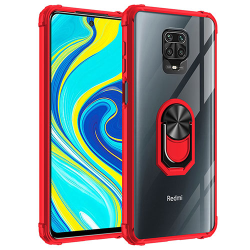 Silicone Matte Finish and Plastic Back Cover Case with Magnetic Finger Ring Stand MQ2 for Xiaomi Redmi Note 9 Pro Red