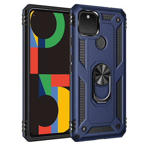 Silicone Matte Finish and Plastic Back Cover Case with Magnetic Finger Ring Stand MQ3 for Google Pixel 4a 5G Blue