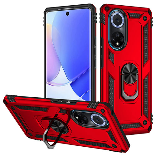 Silicone Matte Finish and Plastic Back Cover Case with Magnetic Finger Ring Stand MQ3 for Huawei Honor 50 5G Red