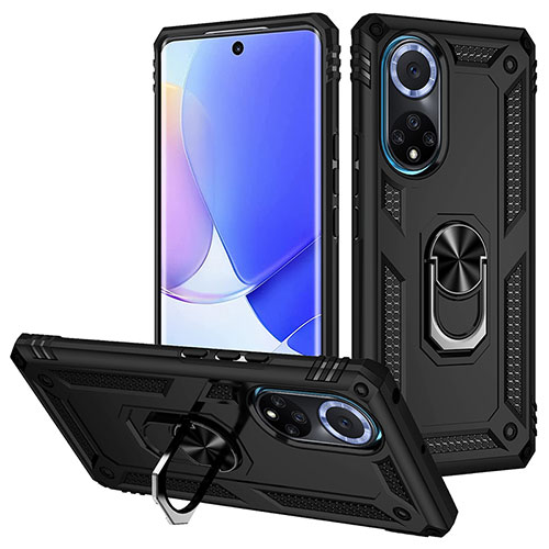 Silicone Matte Finish and Plastic Back Cover Case with Magnetic Finger Ring Stand MQ3 for Huawei Nova 9 Black