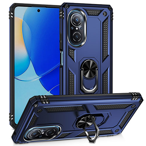 Silicone Matte Finish and Plastic Back Cover Case with Magnetic Finger Ring Stand MQ3 for Huawei Nova 9 SE Blue