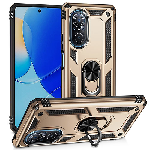 Silicone Matte Finish and Plastic Back Cover Case with Magnetic Finger Ring Stand MQ3 for Huawei Nova 9 SE Gold