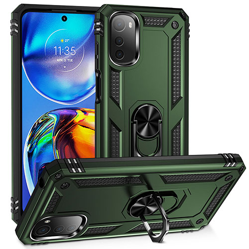 Silicone Matte Finish and Plastic Back Cover Case with Magnetic Finger Ring Stand MQ3 for Motorola Moto E32 Green