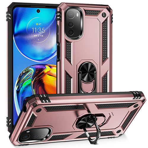 Silicone Matte Finish and Plastic Back Cover Case with Magnetic Finger Ring Stand MQ3 for Motorola Moto E32 Rose Gold