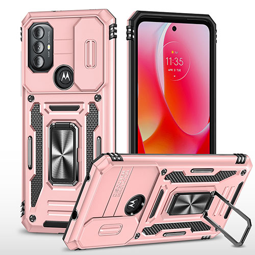 Silicone Matte Finish and Plastic Back Cover Case with Magnetic Finger Ring Stand MQ3 for Motorola Moto G Play Gen 2 Rose Gold