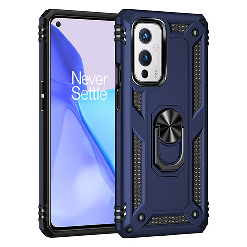 Silicone Matte Finish and Plastic Back Cover Case with Magnetic Finger Ring Stand MQ3 for OnePlus 9 5G Blue