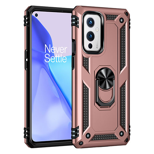 Silicone Matte Finish and Plastic Back Cover Case with Magnetic Finger Ring Stand MQ3 for OnePlus 9 5G Rose Gold