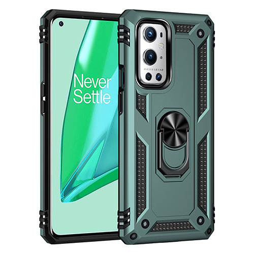 Silicone Matte Finish and Plastic Back Cover Case with Magnetic Finger Ring Stand MQ3 for OnePlus 9 Pro 5G Green