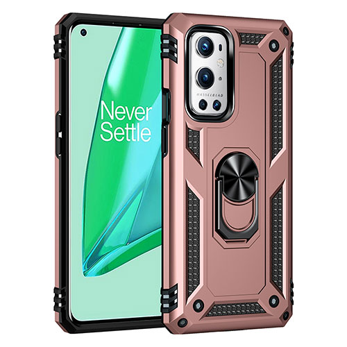 Silicone Matte Finish and Plastic Back Cover Case with Magnetic Finger Ring Stand MQ3 for OnePlus 9 Pro 5G Rose Gold