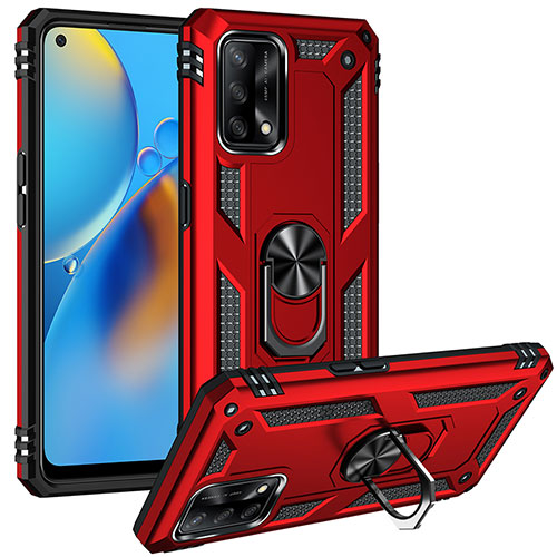 Silicone Matte Finish and Plastic Back Cover Case with Magnetic Finger Ring Stand MQ3 for Oppo A74 4G Red