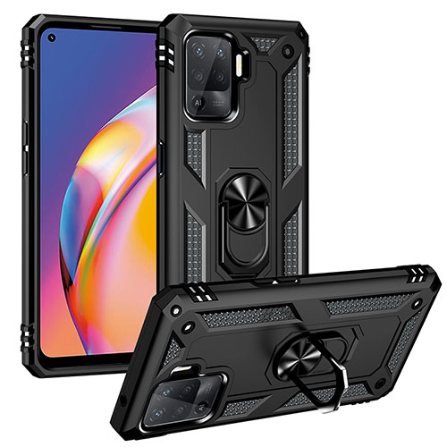 Silicone Matte Finish and Plastic Back Cover Case with Magnetic Finger Ring Stand MQ3 for Oppo F19 Pro Black