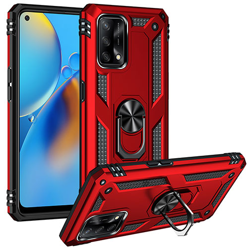 Silicone Matte Finish and Plastic Back Cover Case with Magnetic Finger Ring Stand MQ3 for Oppo F19s Red