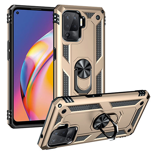 Silicone Matte Finish and Plastic Back Cover Case with Magnetic Finger Ring Stand MQ3 for Oppo Reno5 F Gold