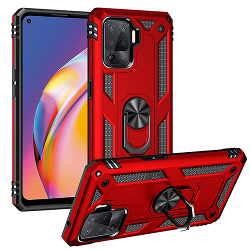 Silicone Matte Finish and Plastic Back Cover Case with Magnetic Finger Ring Stand MQ3 for Oppo Reno5 Lite Red