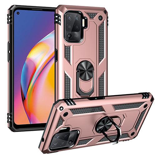 Silicone Matte Finish and Plastic Back Cover Case with Magnetic Finger Ring Stand MQ3 for Oppo Reno5 Lite Rose Gold