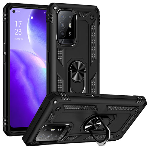 Silicone Matte Finish and Plastic Back Cover Case with Magnetic Finger Ring Stand MQ3 for Oppo Reno5 Z 5G Black