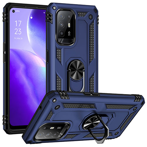 Silicone Matte Finish and Plastic Back Cover Case with Magnetic Finger Ring Stand MQ3 for Oppo Reno5 Z 5G Blue