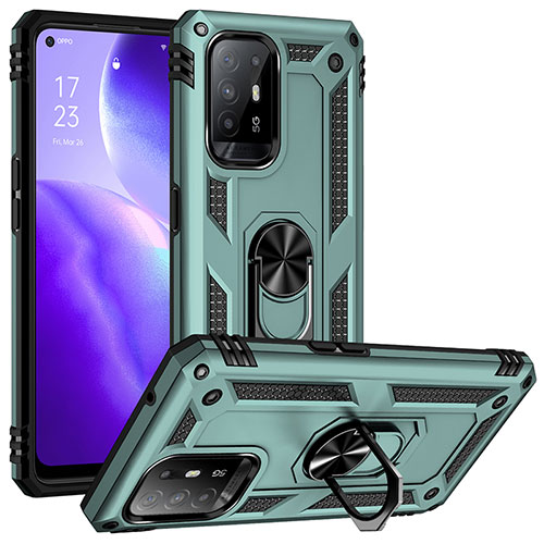 Silicone Matte Finish and Plastic Back Cover Case with Magnetic Finger Ring Stand MQ3 for Oppo Reno5 Z 5G Green