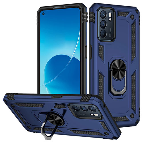 Silicone Matte Finish and Plastic Back Cover Case with Magnetic Finger Ring Stand MQ3 for Oppo Reno6 5G Blue