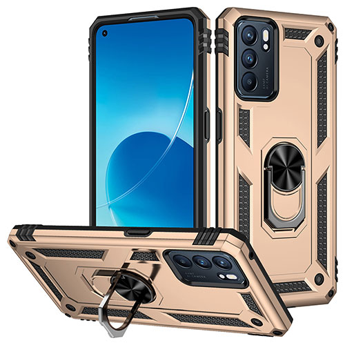 Silicone Matte Finish and Plastic Back Cover Case with Magnetic Finger Ring Stand MQ3 for Oppo Reno6 5G Gold