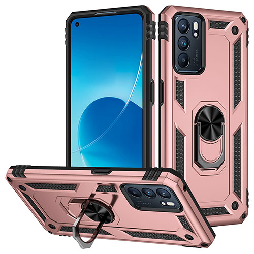 Silicone Matte Finish and Plastic Back Cover Case with Magnetic Finger Ring Stand MQ3 for Oppo Reno6 5G Rose Gold