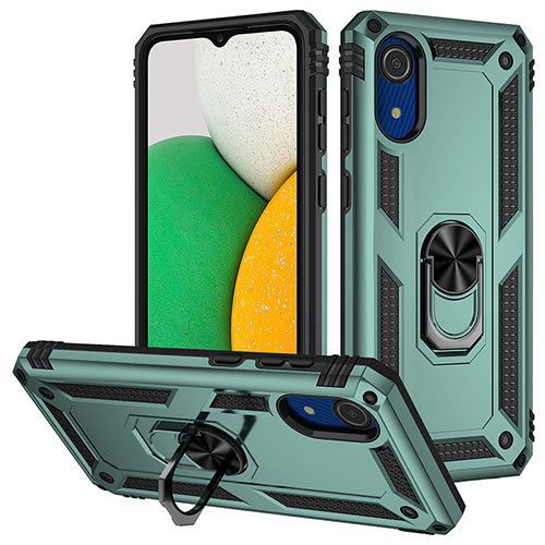 Silicone Matte Finish and Plastic Back Cover Case with Magnetic Finger Ring Stand MQ3 for Samsung Galaxy A03 Core Green