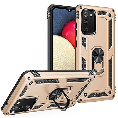 Silicone Matte Finish and Plastic Back Cover Case with Magnetic Finger Ring Stand MQ3 for Samsung Galaxy A03s Gold