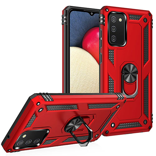 Silicone Matte Finish and Plastic Back Cover Case with Magnetic Finger Ring Stand MQ3 for Samsung Galaxy A03s Red