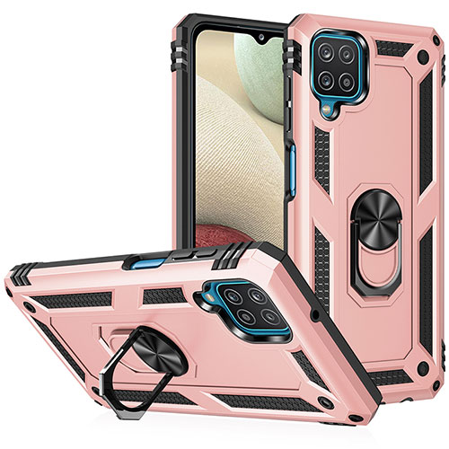 Silicone Matte Finish and Plastic Back Cover Case with Magnetic Finger Ring Stand MQ3 for Samsung Galaxy A12 5G Rose Gold