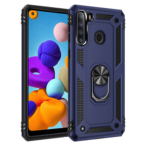 Silicone Matte Finish and Plastic Back Cover Case with Magnetic Finger Ring Stand MQ3 for Samsung Galaxy A21 Blue