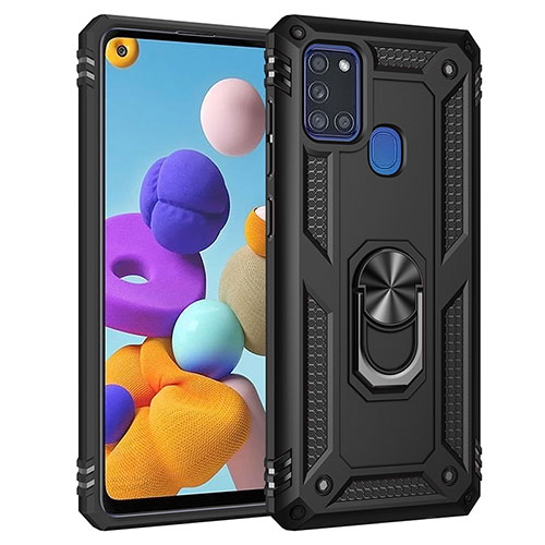 Silicone Matte Finish and Plastic Back Cover Case with Magnetic Finger Ring Stand MQ3 for Samsung Galaxy A21s Black