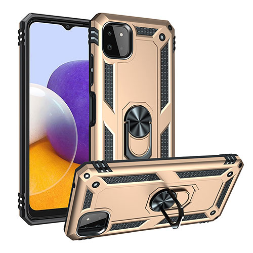 Silicone Matte Finish and Plastic Back Cover Case with Magnetic Finger Ring Stand MQ3 for Samsung Galaxy A22 5G Gold