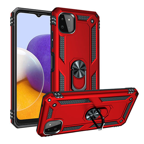 Silicone Matte Finish and Plastic Back Cover Case with Magnetic Finger Ring Stand MQ3 for Samsung Galaxy A22 5G Red