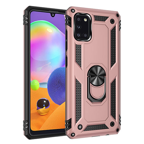 Silicone Matte Finish and Plastic Back Cover Case with Magnetic Finger Ring Stand MQ3 for Samsung Galaxy A31 Rose Gold