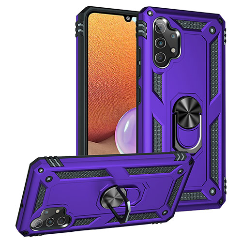 Silicone Matte Finish and Plastic Back Cover Case with Magnetic Finger Ring Stand MQ3 for Samsung Galaxy A32 4G Purple