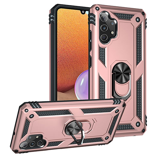 Silicone Matte Finish and Plastic Back Cover Case with Magnetic Finger Ring Stand MQ3 for Samsung Galaxy A32 5G Rose Gold