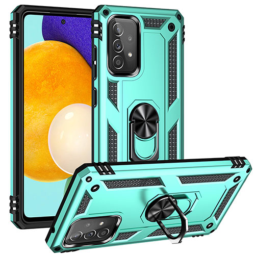 Silicone Matte Finish and Plastic Back Cover Case with Magnetic Finger Ring Stand MQ3 for Samsung Galaxy A52 4G Cyan