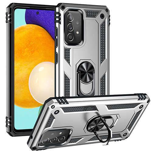 Silicone Matte Finish and Plastic Back Cover Case with Magnetic Finger Ring Stand MQ3 for Samsung Galaxy A52s 5G Silver