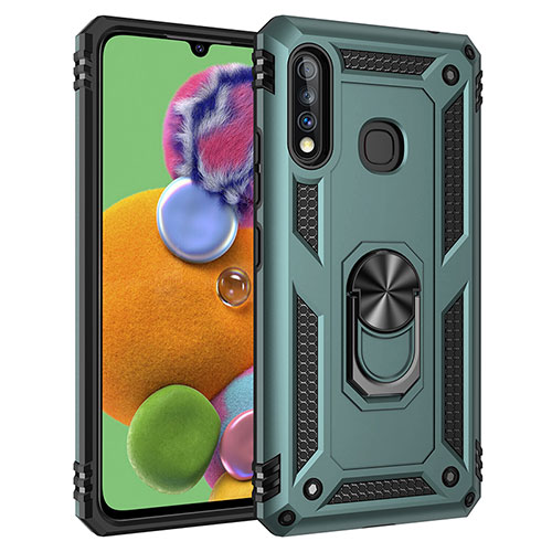 Silicone Matte Finish and Plastic Back Cover Case with Magnetic Finger Ring Stand MQ3 for Samsung Galaxy A70E Green