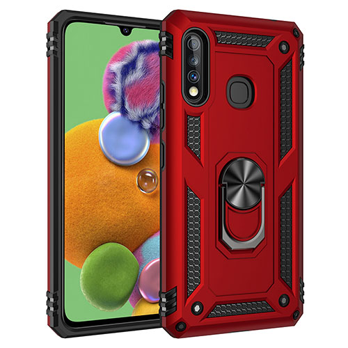 Silicone Matte Finish and Plastic Back Cover Case with Magnetic Finger Ring Stand MQ3 for Samsung Galaxy A70E Red