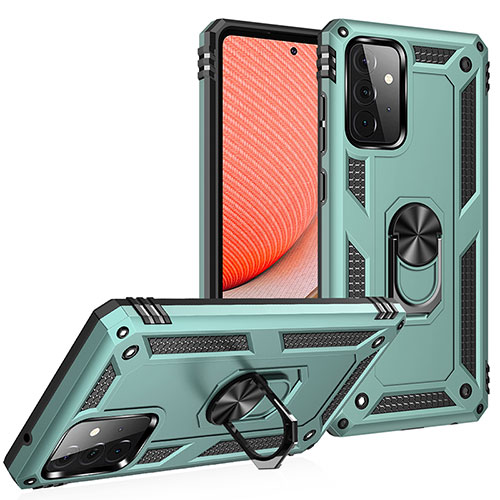 Silicone Matte Finish and Plastic Back Cover Case with Magnetic Finger Ring Stand MQ3 for Samsung Galaxy A72 5G Green