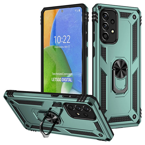 Silicone Matte Finish and Plastic Back Cover Case with Magnetic Finger Ring Stand MQ3 for Samsung Galaxy A73 5G Green